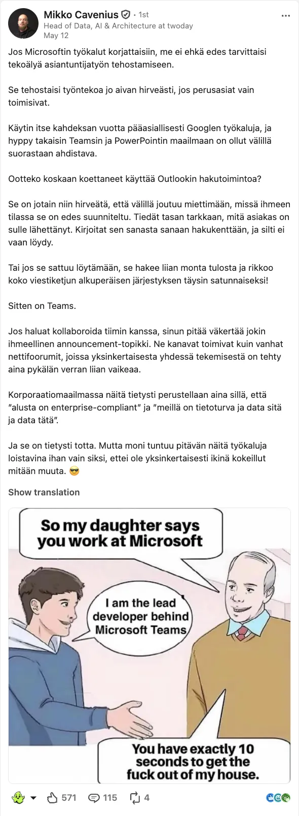 A LinkedIn post by Mikko Cavenius of Twoday