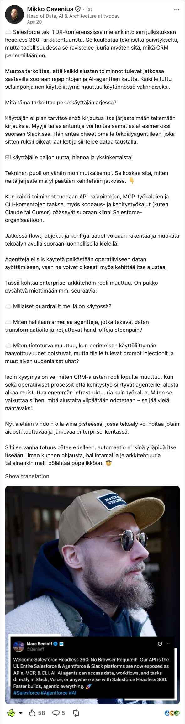 A LinkedIn post by Mikko Cavenius of Twoday