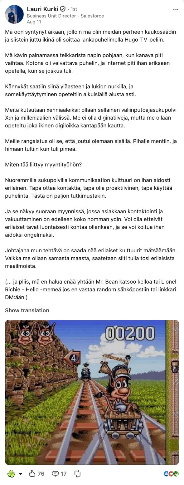 A LinkedIn post by Lauri Kurki of Twoday