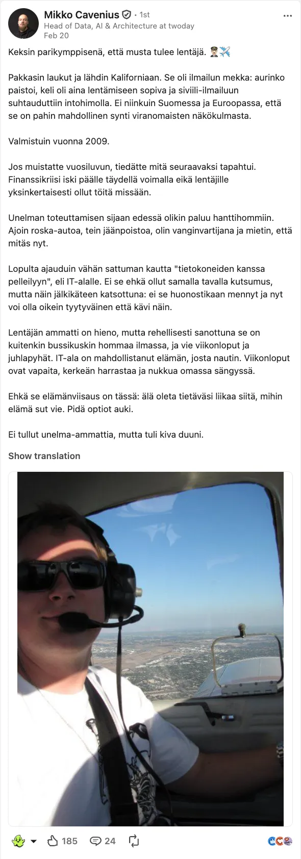 A LinkedIn post by Mikko Cavenius of Twoday