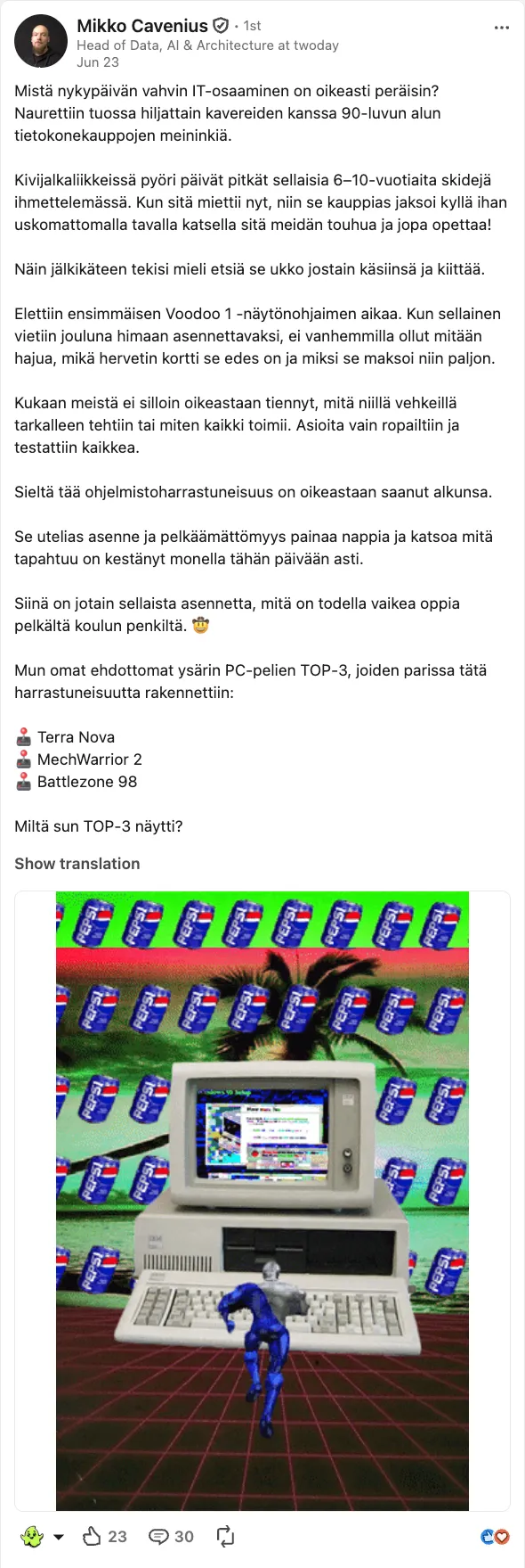 A LinkedIn post by Mikko Cavenius of Twoday