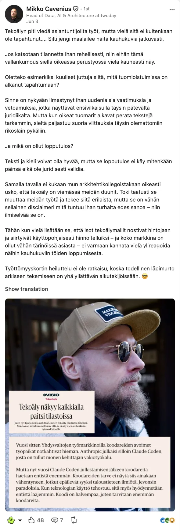 A LinkedIn post by Mikko Cavenius of Twoday