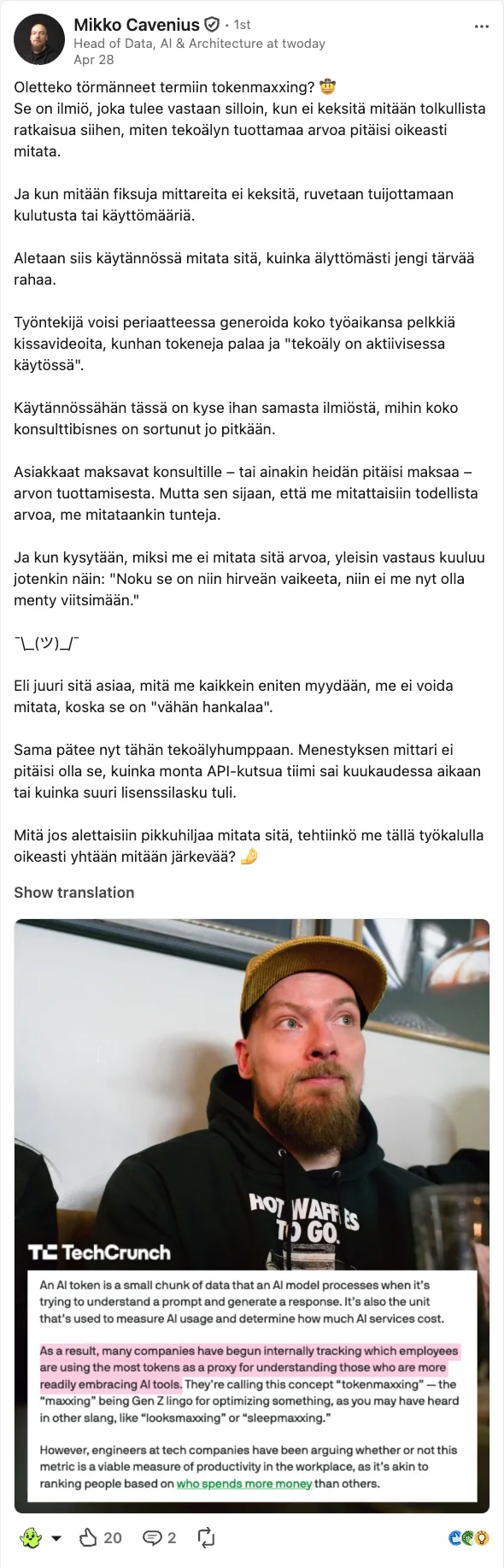 A LinkedIn post by Mikko Cavenius of Twoday