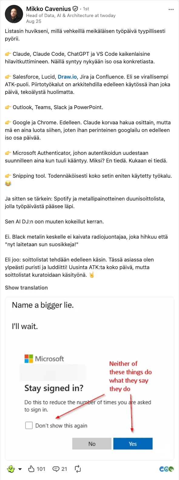A LinkedIn post by Mikko Cavenius of Twoday