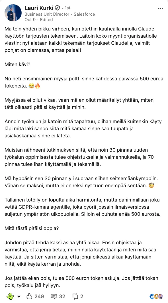 Lauri Kurki's LinkedIn post from 9 October 2026 about rolling out Claude to the sales team