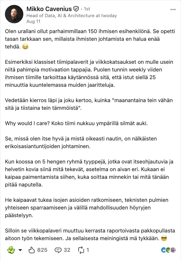 Mikko Cavenius's LinkedIn post from 11 August 2026 about leading 150 people