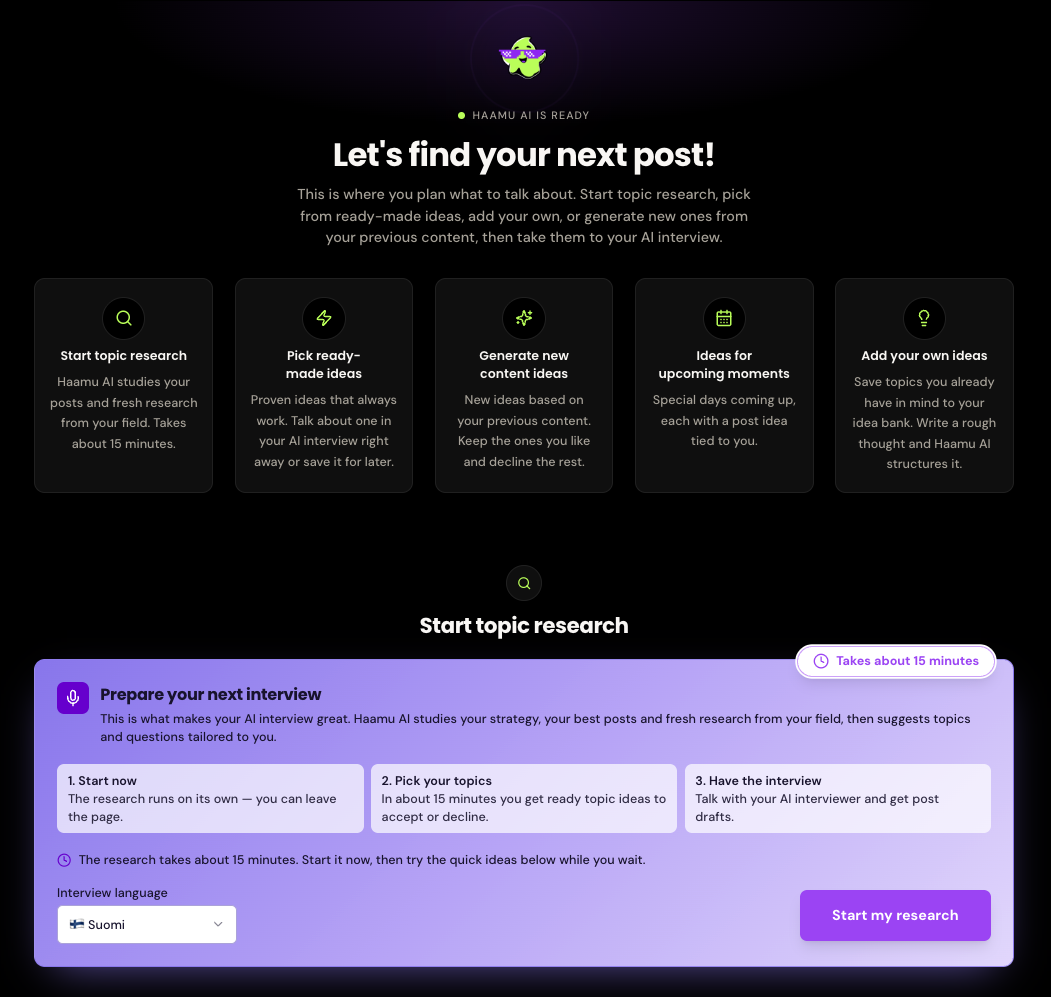 The Haamu platform idea screen: topic research, ready-made ideas, ideas from your earlier posts, upcoming moments and your own ideas