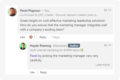 LinkedIn comment thread featuring professional engagement between a co-founder and a marketer, discussing marketing leadership solutions.