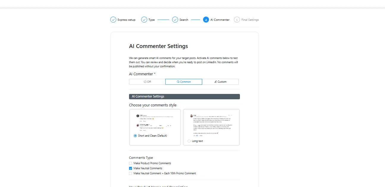 Screenshot of AI Commenter Settings page displaying options for customizing AI-generated comments on LinkedIn posts, including comment style and type.
