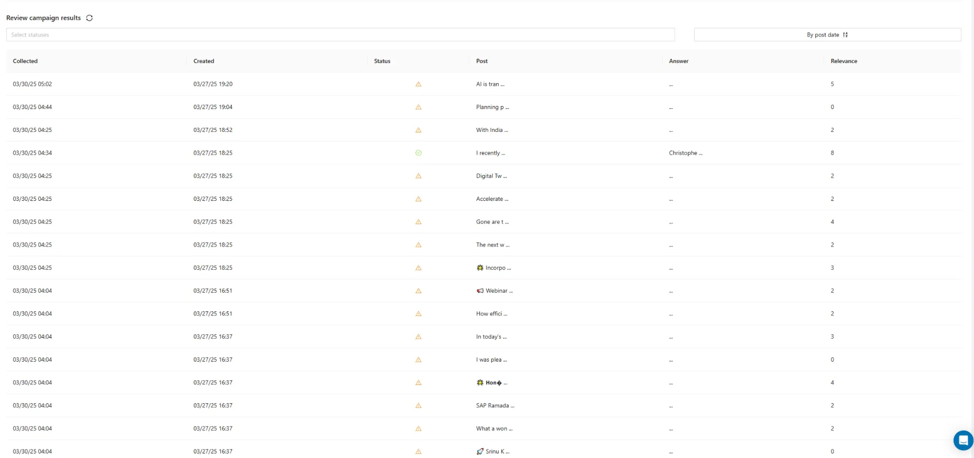 Screenshot of a LinkedIn campaign review dashboard showing post statuses, relevance scores, and AI-generated comments, with campaign details.