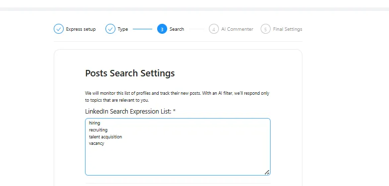 Screenshot of LinkedIn Post Search Settings page with keywords like hiring, recruiting, talent acquisition, and vacancy in the search filter.