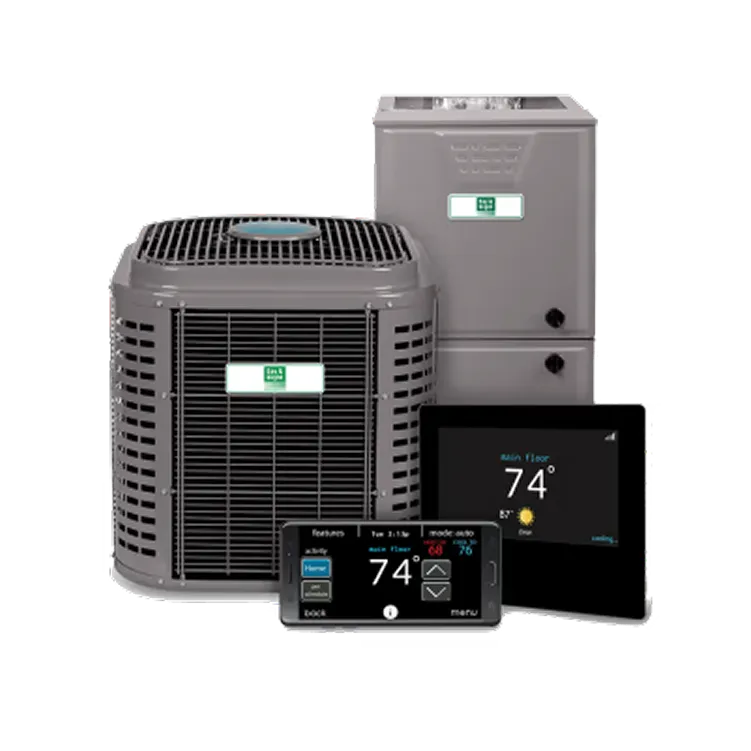 HVAC system with outdoor unit, furnace, smart thermostat, and phone app