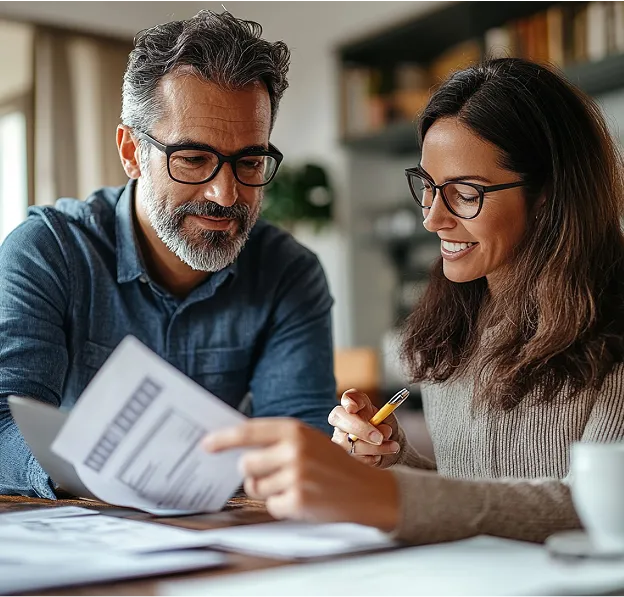 A couple reviewing their financial documents together at a table.