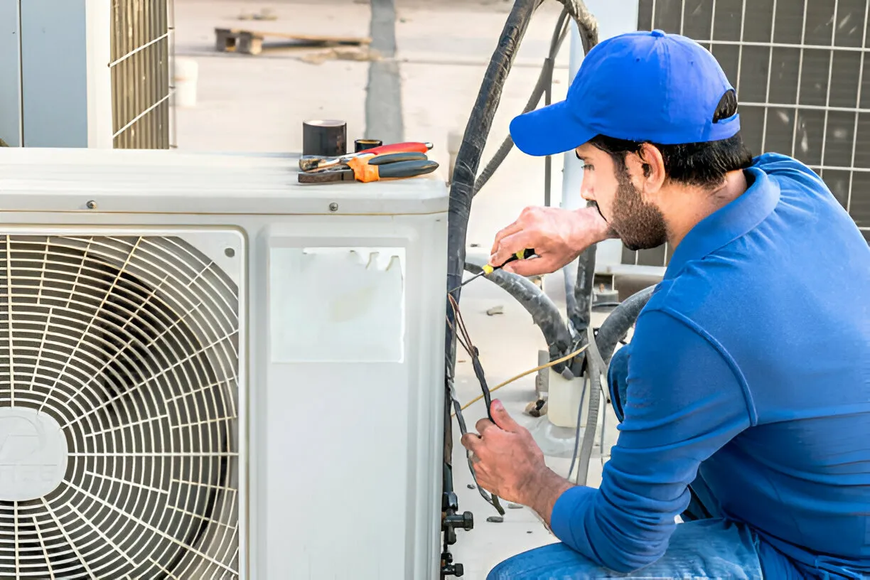 Man repairing outdoor AC unit.
