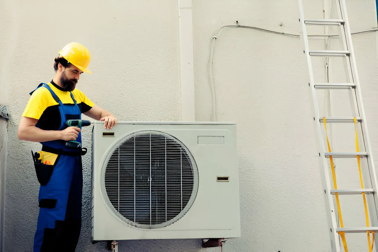 Man with drill next to outdoor AC unit.