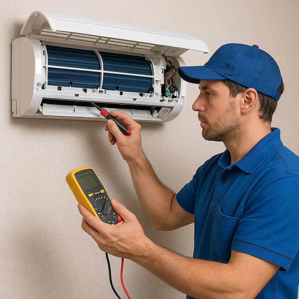 Man using multimeter on AC unit.