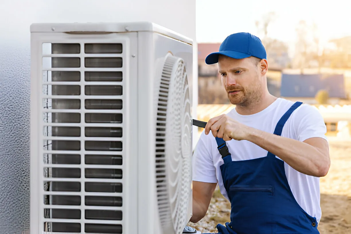 Man servicing outdoor heat pump unit.