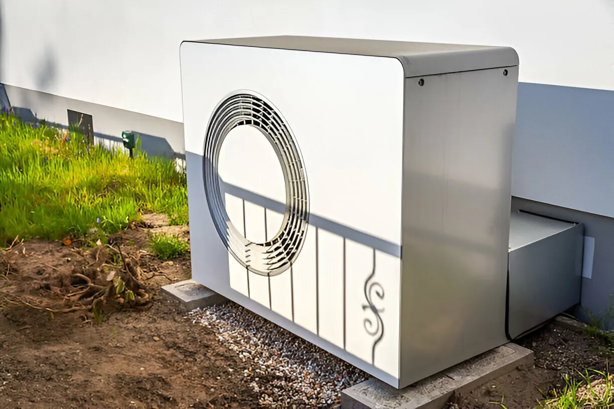 Heat pump unit outside building.