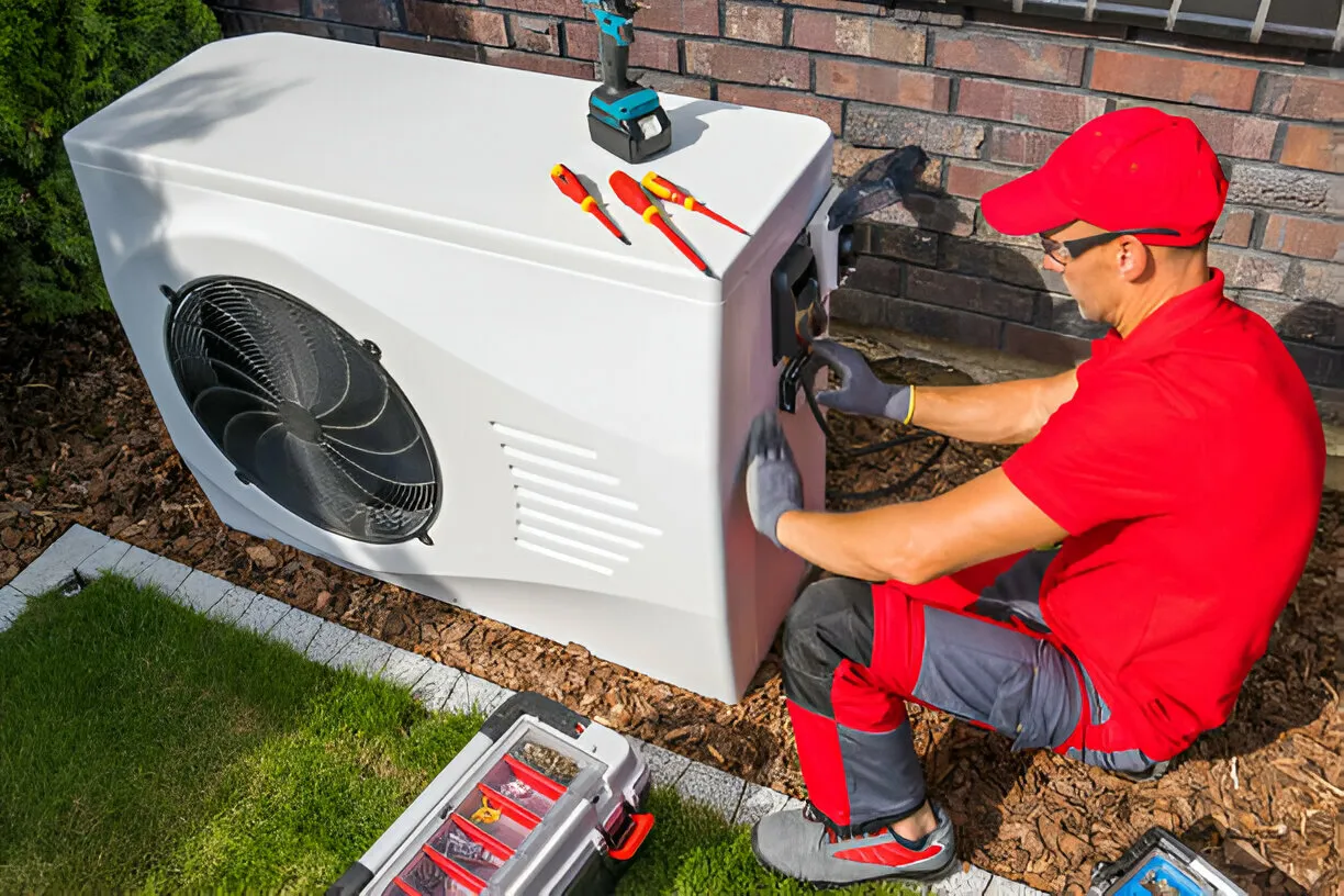 Man in red servicing outdoor heat pump.