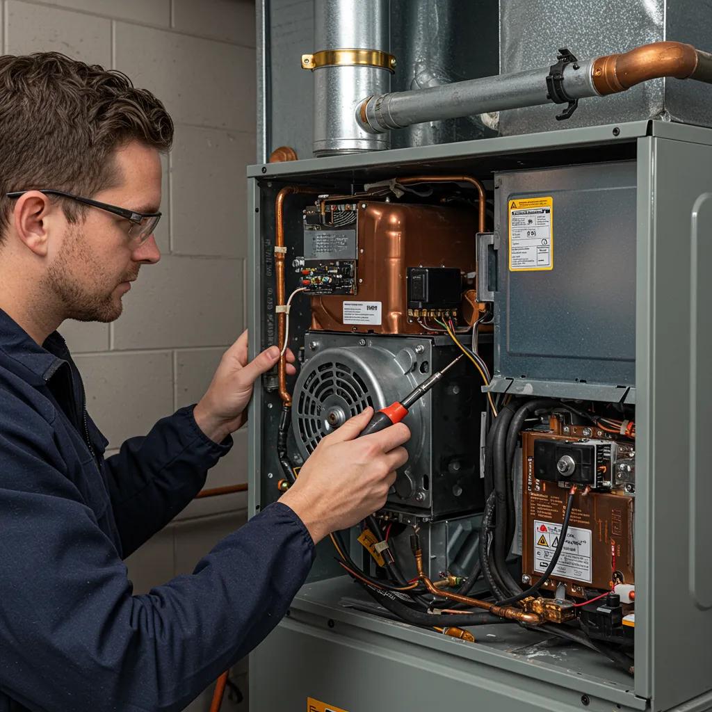 Technician inspecting a furnace's internal components, highlighting mechanical problems and repair processes
