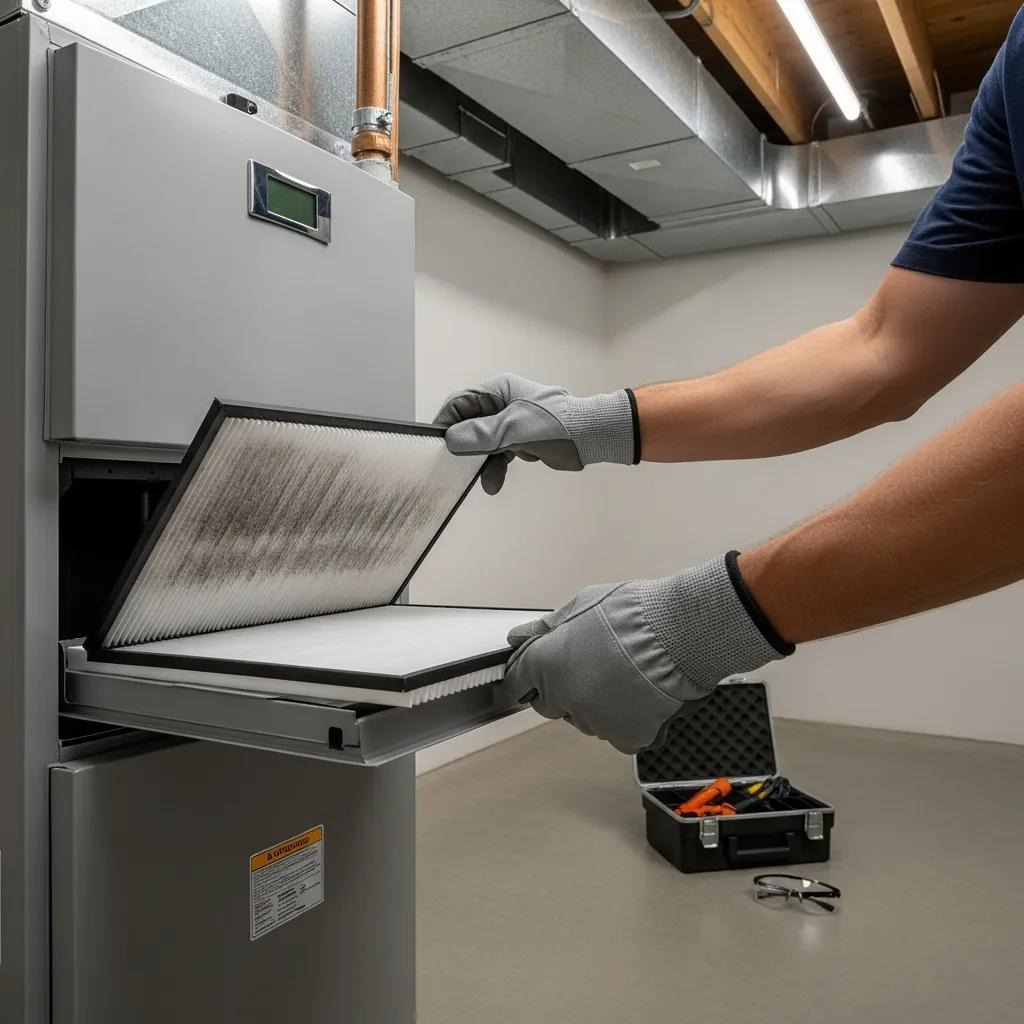 Homeowner replacing a dirty air filter in a furnace, highlighting maintenance for noise reduction