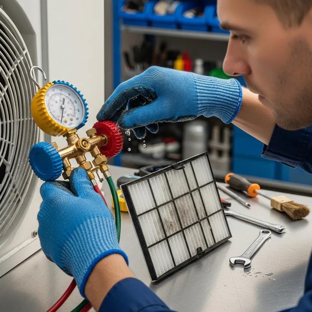 Technician inspecting an air conditioning unit for preventive maintenance