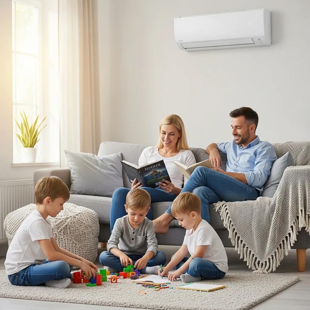 Family enjoying a comfortable indoor environment with an energy-efficient air conditioning unit
