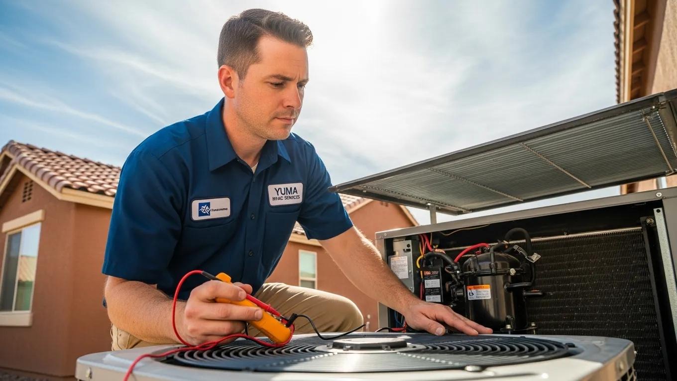 HVAC technician inspecting air conditioning system in Yuma home