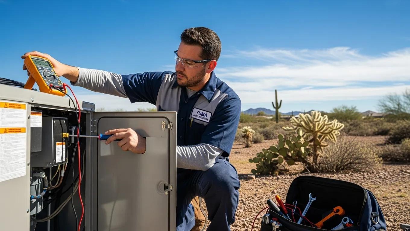 HVAC technician servicing air conditioning unit in Yuma, AZ