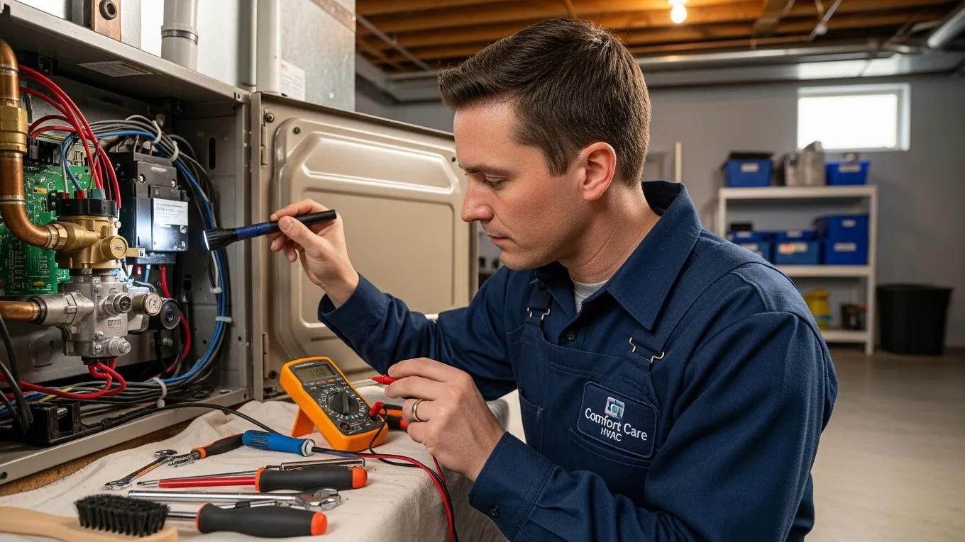 Technician performing maintenance on a furnace in Yuma home