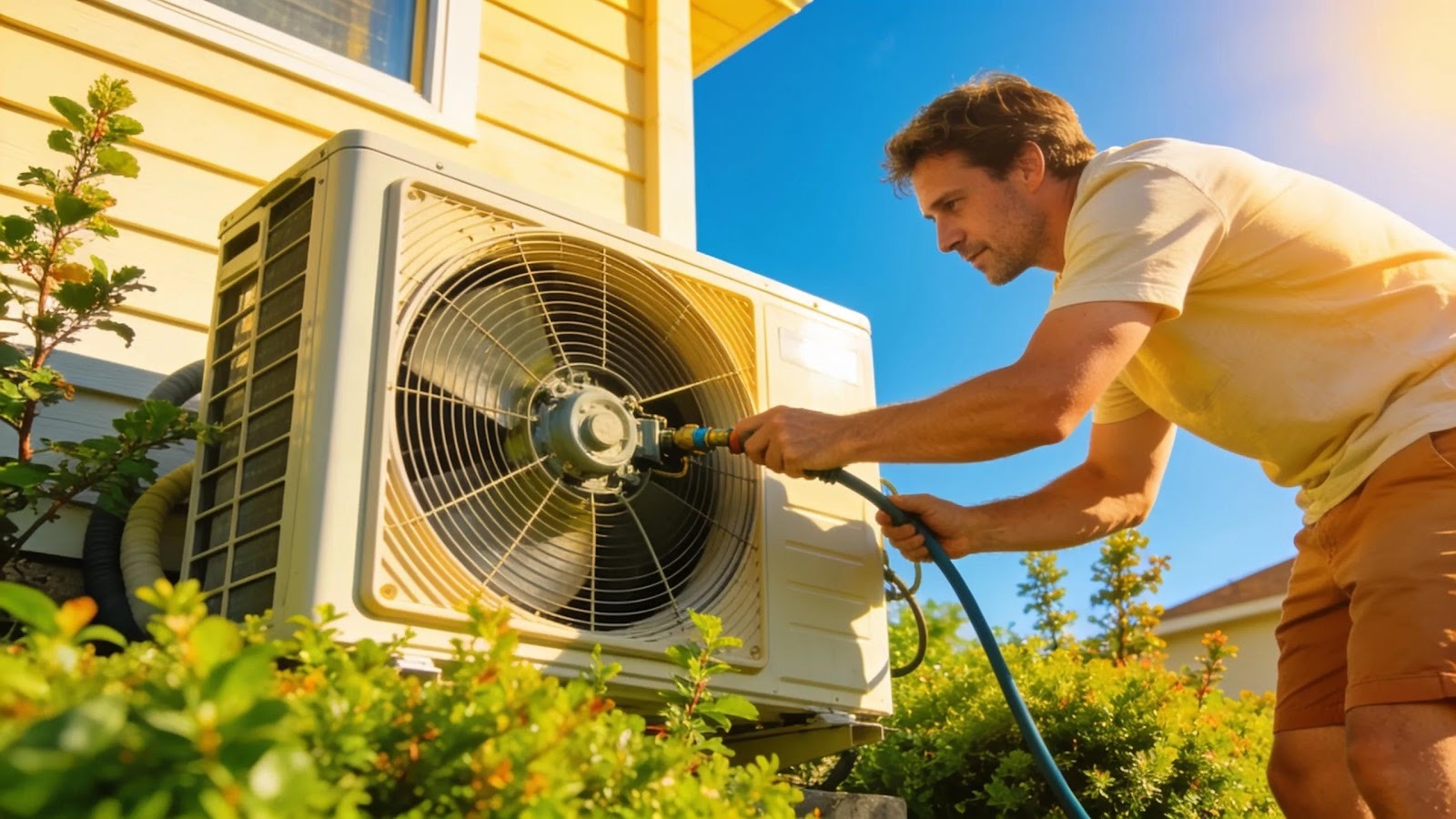 Homeowner performing AC maintenance outdoors in bright sunlight