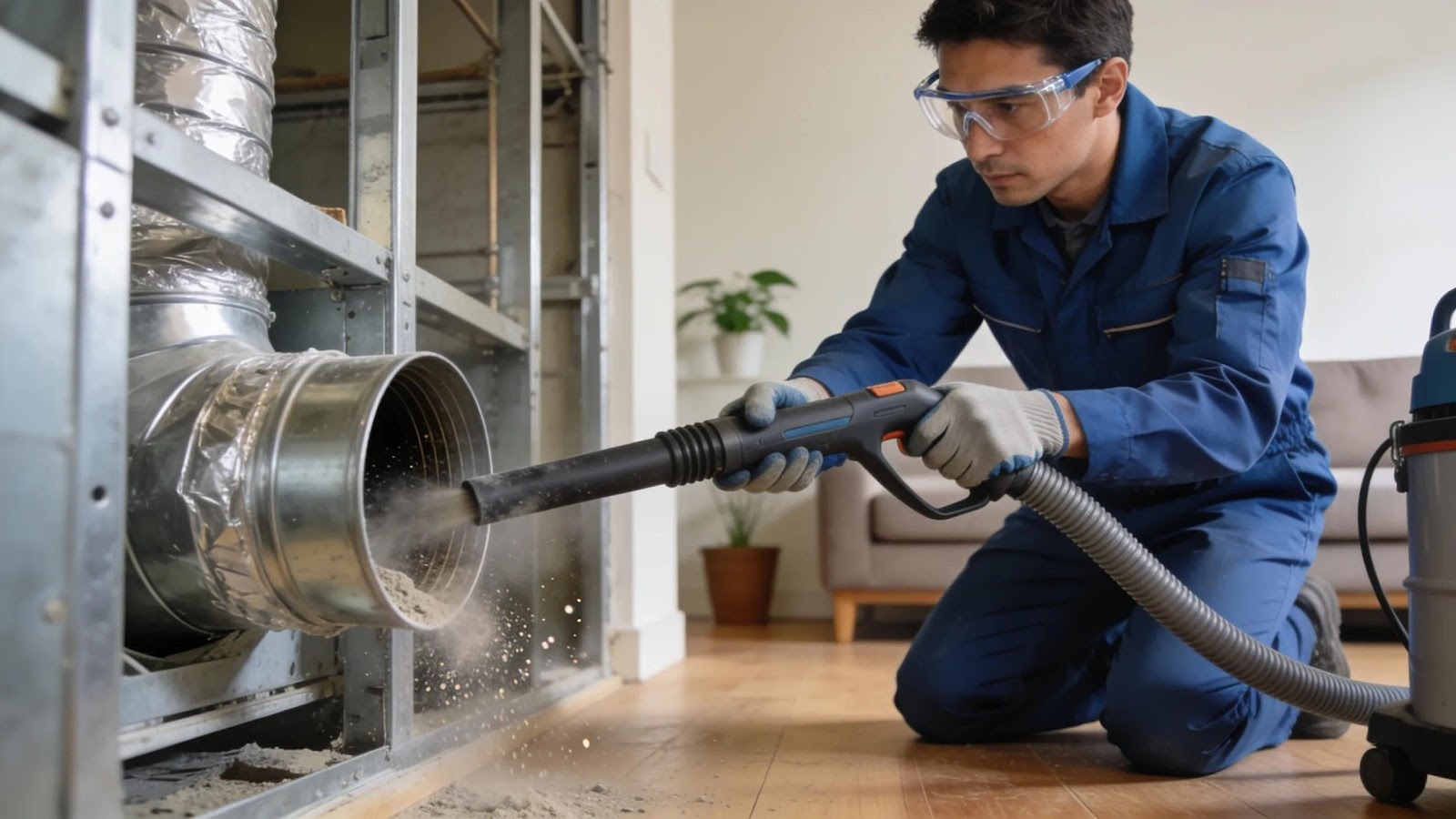 Technician performing duct cleaning in a residential setting