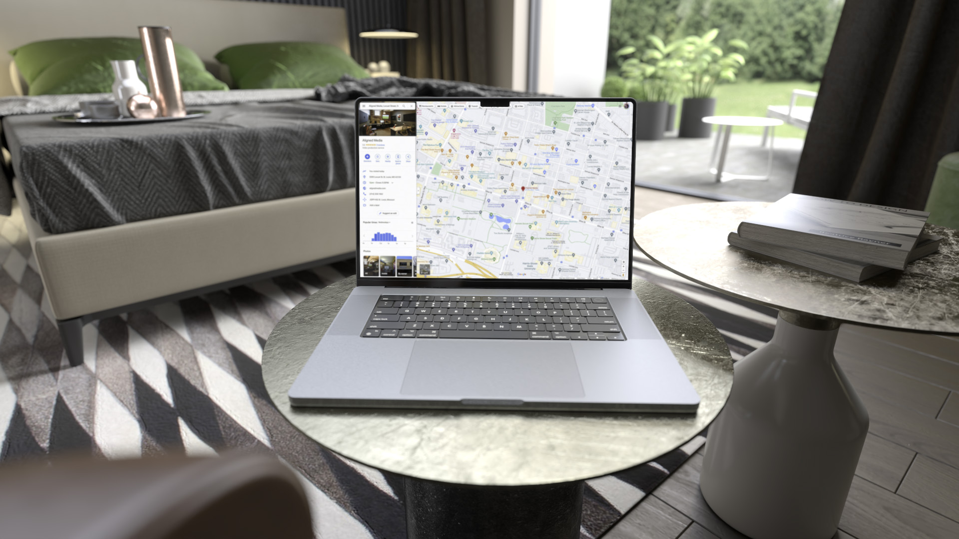 Laptop sitting on a table in a bedroom