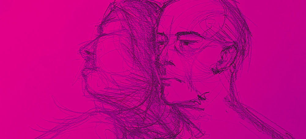 Live drawing f a lady and a man with the lady resing with her eyes shut against the man