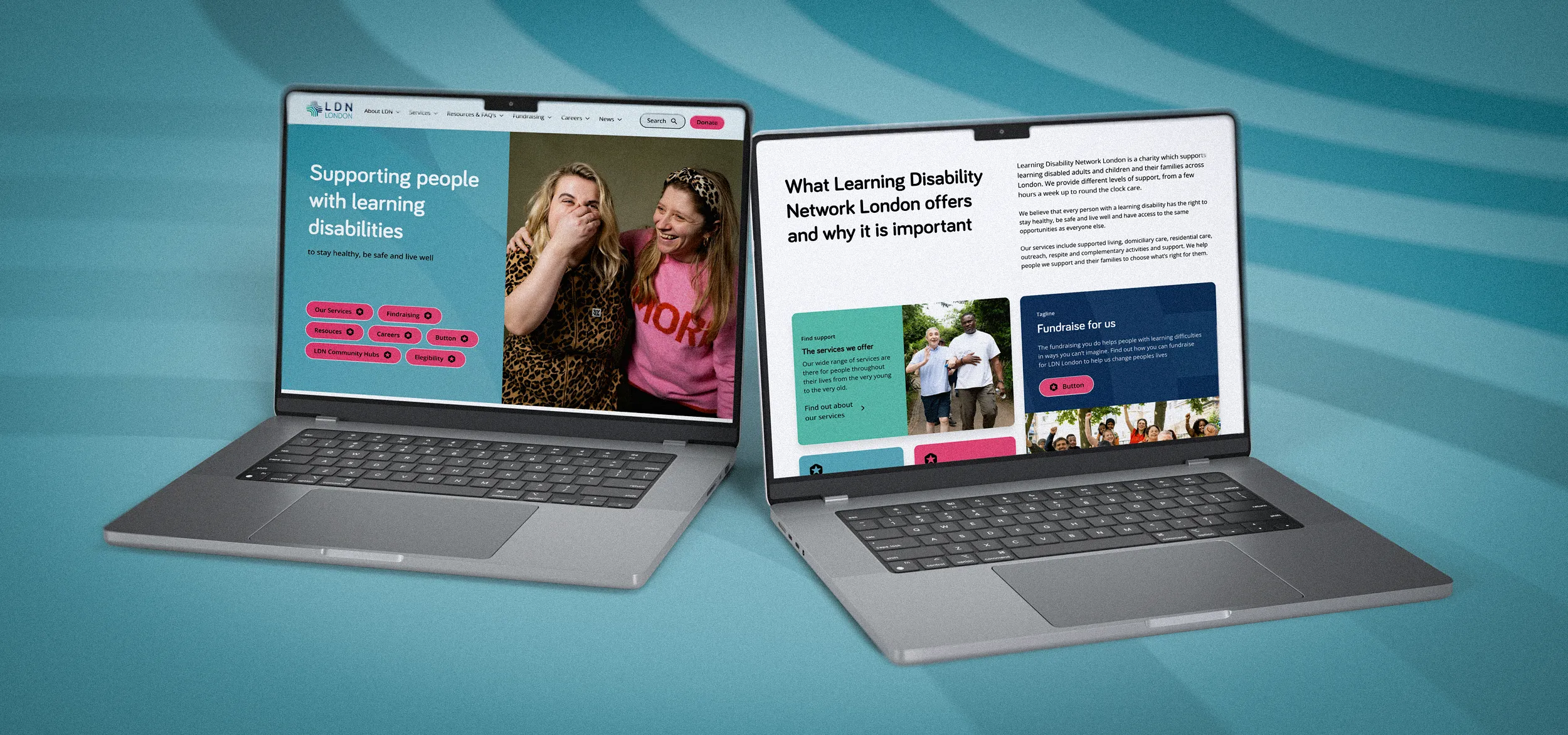 Two laptops side by side showing the LDN London homepage and a page explaining what Learning Disability Network London offers.