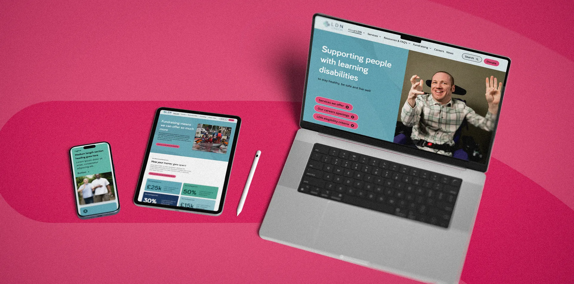 The LDN London website shown on a phone, tablet and laptop against a pink background, with a smiling man waving on the homepage.