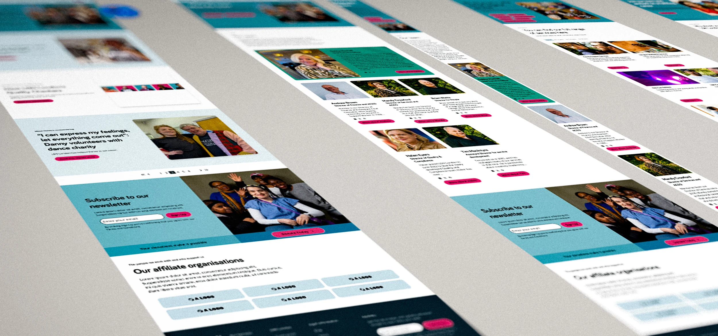 Rows of LDN London page designs laid out at an angle, showing the newsletter signup and affiliate organisation sections across several screens.