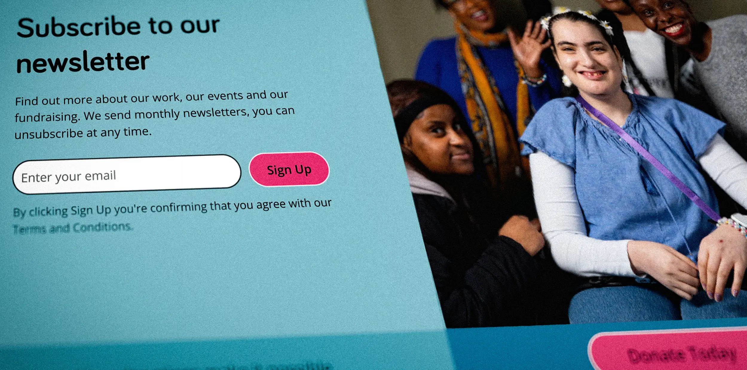 The newsletter signup section of the LDN London site, with a Donate Today button and a photograph of smiling supporters behind it.