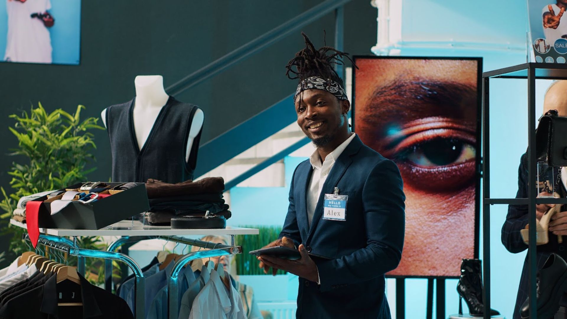A smiling man wearing a suit and name tag stands beside a clothing display and mannequin in a modern store, holding a tablet. Behind him is a large digital screen showing a close-up of an eye.
