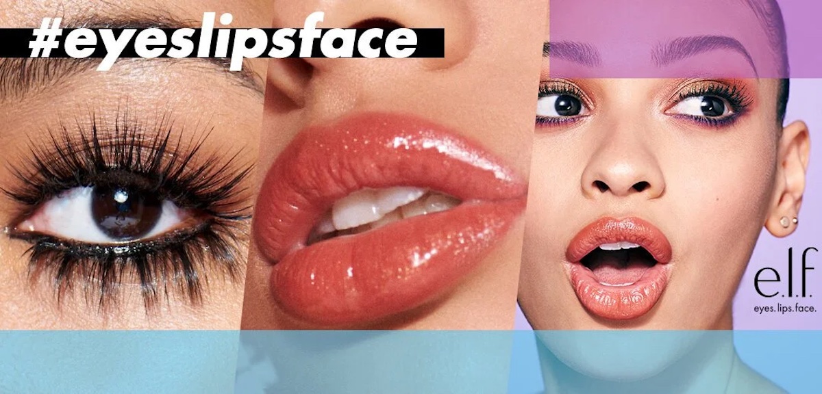 A collage shows a close-up of an eye with long lashes, glossy lips, and a surprised woman’s face with bold makeup. The text “#eyeslipsface” appears at the top, and “e.l.f. eyes. lips. face.” is in the corner.