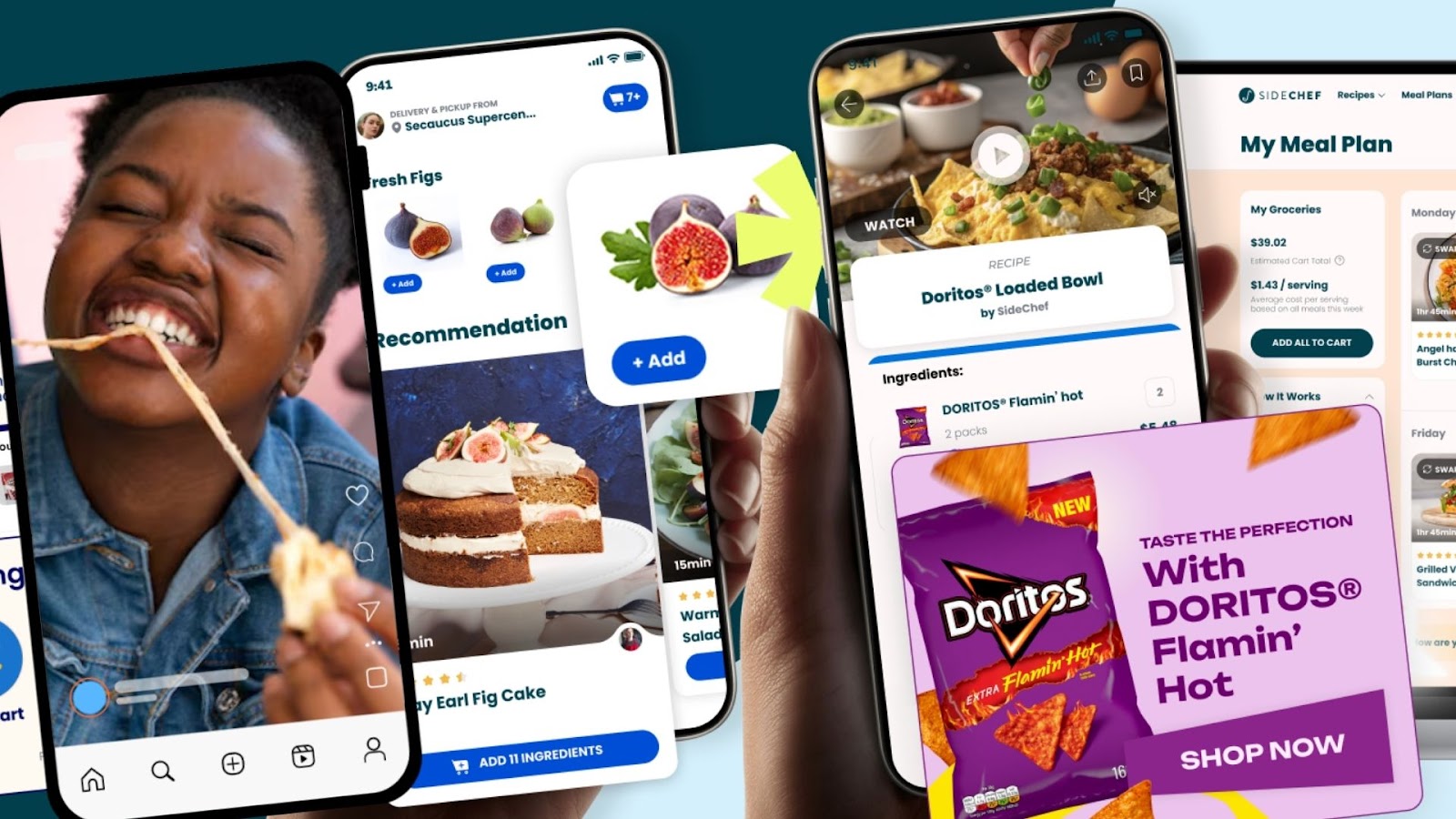 A collage of mobile screens displays food apps, recipes, and meal plans. In the center, a person smiles joyfully while eating a cheesy slice of pizza. Surrounding screens show food images, ingredient lists, and advertisements.