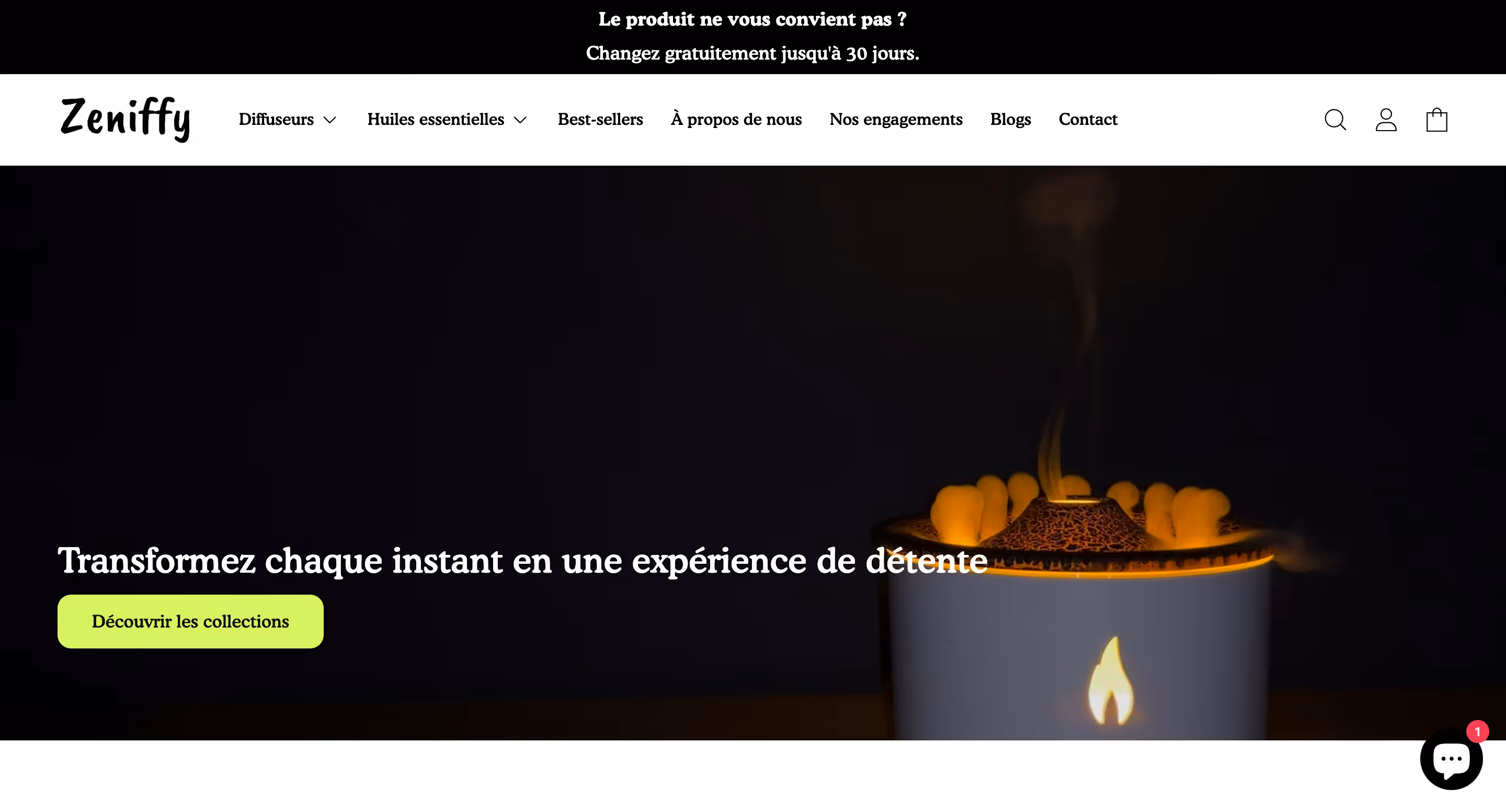 Page d'accueil de la boutique Zeniffy, diffuseurs d'huiles essentielles