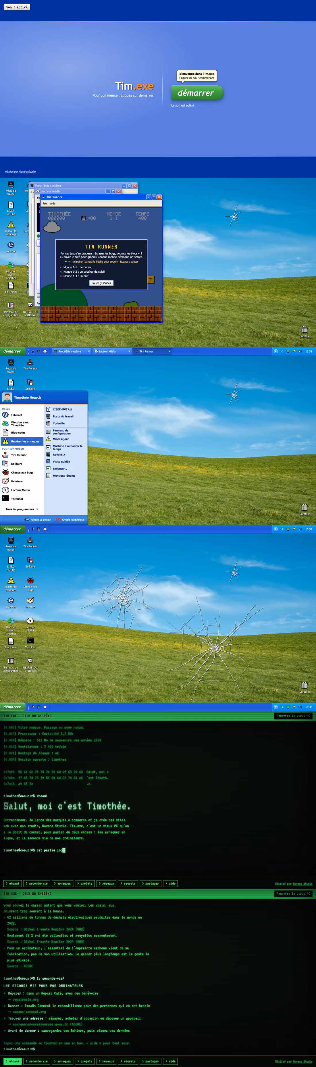 Captures de Tim.exe : écran d'accueil, programmes, menu démarrer, écran brisé et terminal