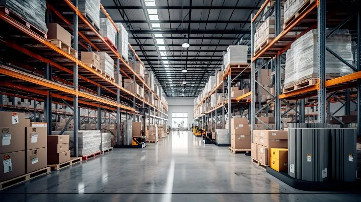 A warehouse with steel racks
