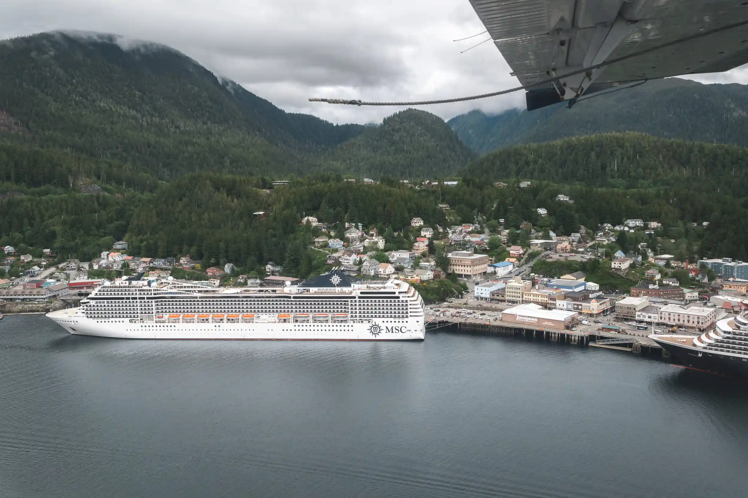 Aerial view from a floatplane of the MSC Poesia docked in Ketchikan, Alaska