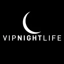 White crescent moon above the text VIPNIGHTLIFE on a black background.