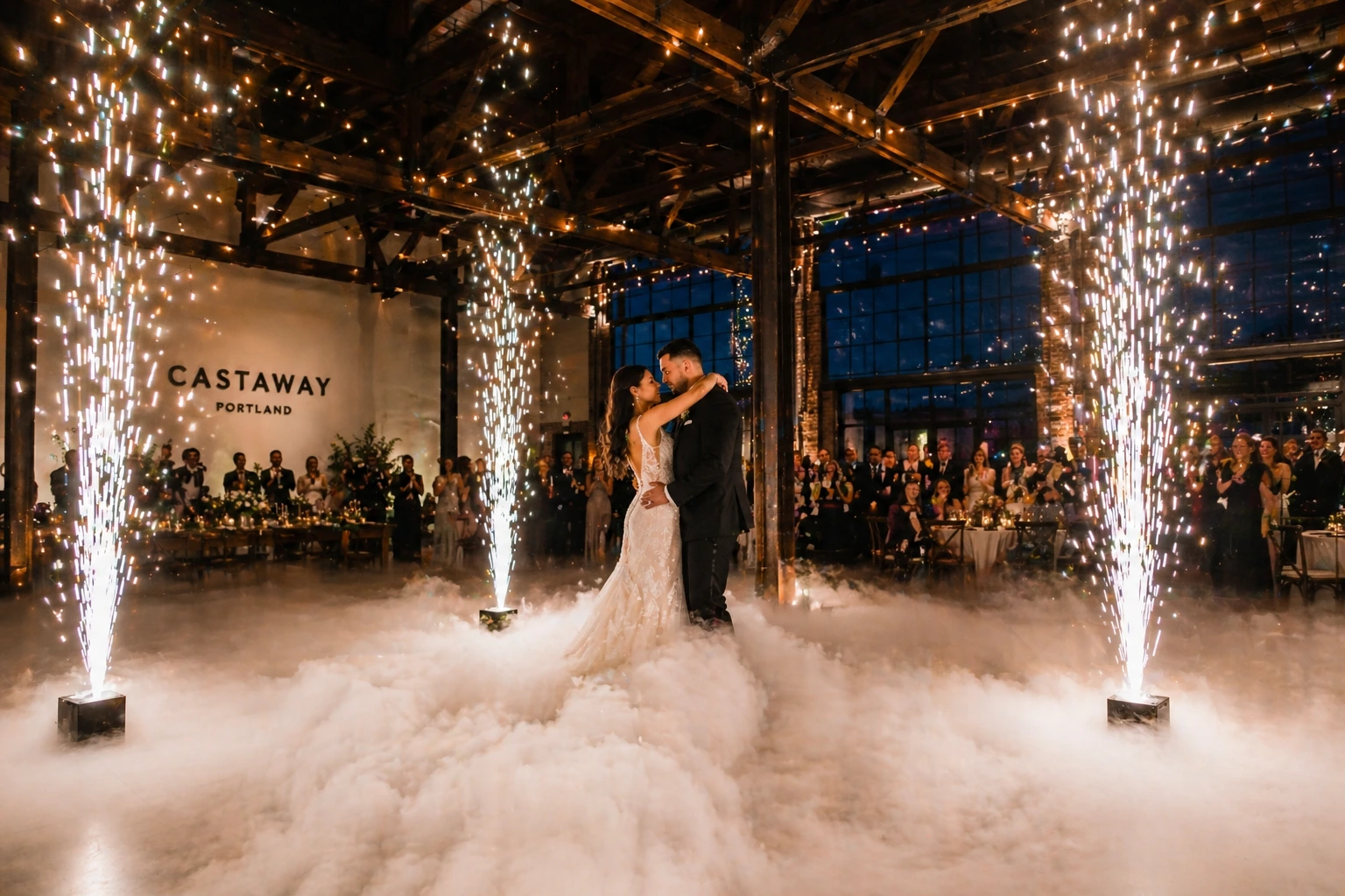 Cold Sparks and Dancing on Clouds low-lying fog special effects at a Castaway Portland warehouse wedding venue reception