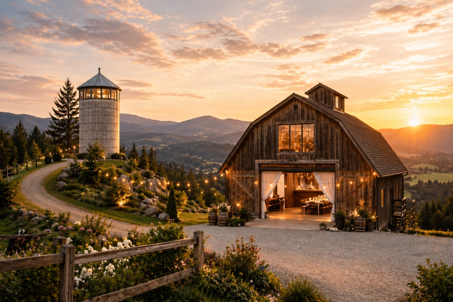 Cedar Brooke one of the best wedding venues in Oregon featuring a rustic barn and hilltop silo surrounded by Pacific Northwest landscape