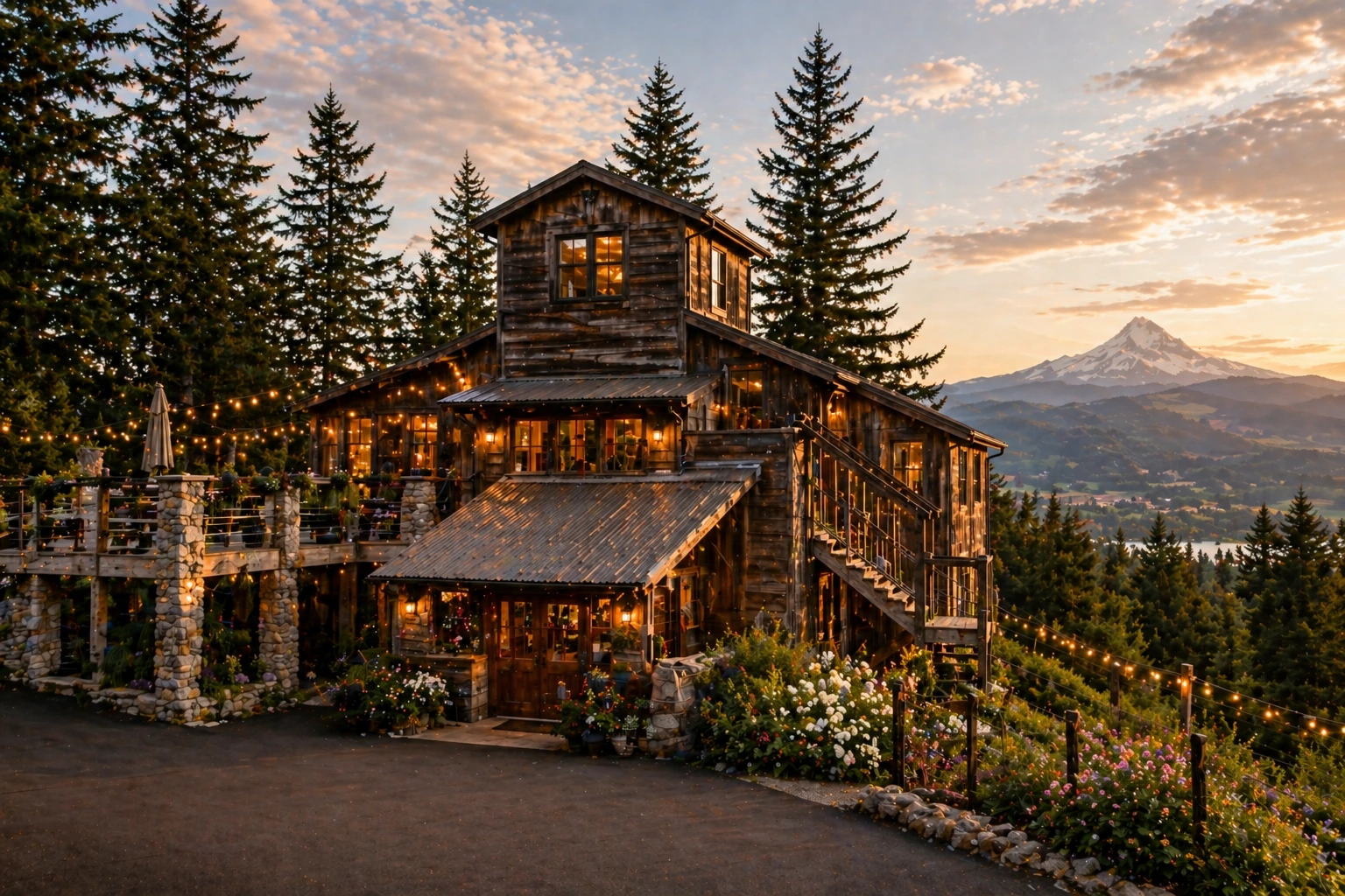 Crag Rat Hut exterior one of the most unique Hood River wedding venues surrounded by Pacific Northwest trees and mountain backdrop