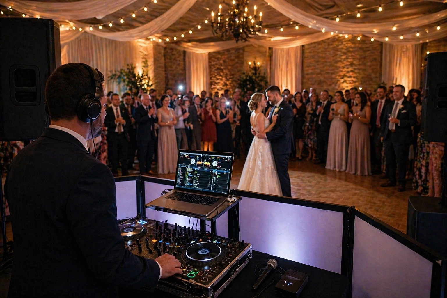 professional wedding DJ reading the room and managing emotional pacing during reception first dance with warm event lighting at a Pacific Northwest wedding